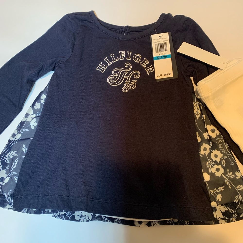 Tommy Hilfiger NWT 2 piece dress/tights set. Navy and white. Sz 24 month